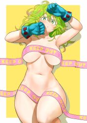 1girls absurdres anagumasan armpits arms_up bangs blue_gloves blush breasts canon_costume canonical_scene caution_tape collarbone cowboy_shot exposed_torso footwear gloves green_eyes green_hair hagakure_tooru_(visible) hair_between_eyes handwear highres human keep_out large_breasts long_hair looking_at_viewer messy_hair multicolored_hair my_hero_academia naked_ribbon naked_tape navel nude open_mouth pale_skin parted_lips pink_hair ribbon shadow sidelocks solo stomach tape thick_eyelashes thighs tooru_hagakure tooru_hagakure_(visible) unusually_visible