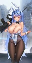 1girls 2022 absurdres anima_(togashi) animal_ears assault_rifle bangs bare_shoulders black_bow black_bowtie blue_hair blurry blurry_background bow bowtie breasts bullpup cleavage closed_mouth collarbone curvy depth_of_field detached_collar fake_animal_ears female girls'_frontline gun hairband highleg highleg_leotard highres holding holding_gun holding_weapon imi_tavor_tar-21 large_breasts leotard long_hair looking_at_viewer pantyhose playboy_bunny rabbit_ears rifle skindentation smile sniper_rifle solo standing strapless strapless_leotard tar-21_(girls'_frontline) tar-21_(night_at_the_bar)_(girls'_frontline) thigh_gap very_long_hair weapon white_leotard wrist_cuffs yellow_eyes