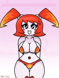 bikini bikini_bottom bikini_top black_eyes blush happy hot_rod_flames jenny_wakeman jenny_wakeman_(makeover) my_life_as_a_teenage_robot red_hair robot robot_girl shy_jaz smile xj-9