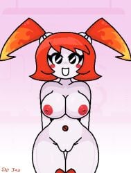 black_eyes blush happy hot_rod_flames jenny_wakeman jenny_wakeman_(makeover) my_life_as_a_teenage_robot naked red_hair robot robot_girl shy_jaz smile xj-9