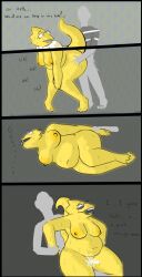 alphys anthro belly bodily_fluids breasts buckteeth comic cum cum_inside duo eyewear female genital_fluids glasses lizard male male/female nipples nude overweight overweight_anthro oxkingky penetration reptile scalie sex simple_background teeth text undertale_(series) vessel_(deltarune)