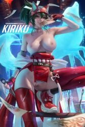 1girls 2d areola areolae asian_female big_breasts breasts brown_eyes choker female female_focus female_only green_hair kiriko_(overwatch) mask_on_head massive_breasts nipples nude overwatch overwatch_2 ponytail pubic_hair pussy red_legwear sakimichan seal solo thighhighs topless vagina_visible weapon