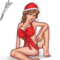 1girls 2d annie_(summertime_saga) big_breasts braid braided_hair breasts christmas christmas_hat christmas_outfit covered_nipples covering covering_pussy digital_drawing_(artwork) digital_media_(artwork) female female_focus female_only ginger ginger_hair joakadraws light-skinned_female light_skin long_hair looking_at_viewer mistletoe nude nude_female orange_hair seductive seductive_look seductive_smile simple_background sitting solo solo_female solo_focus spread_legs summertime_saga tied_up watermark white_background wrapped