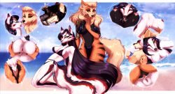 anthro anus arcanine ass beach bikini black_hair blonde_hair bodily_fluids breast_lick breast_play breasts canid canine clothed clothing duo female female/female finger_fuck fingering fingering_partner fox french_kissing fur genital_fluids genitals hair head_between_breasts hi_res kissing licking long_hair lunella mammal nintendo nude orange_body orange_fur outside partially_clothed pokemon pokemon_(species) pussy pussy_juice saliva saliva_string sea seaside sex sky spread_butt spreading swimwear tongue tongue_out tribadism vaginal_penetration water white_body white_fur