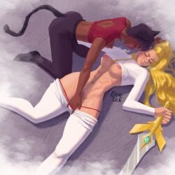 2020 2020s 2girls abs adora animal_ears areolae artist_name blonde_female blonde_hair blush breasts breath brown_hair brown_pants brown_tail canon_couple cat_ears cat_tail catgirl catra closed_eyes dark-skinned_female dark_skin duo female female_only female_torso fingering fingering_partner hourglass_figure human humanoid large_breasts lesbian_sex light-skinned_female light_skin long_hair multiple_girls nipples on_back on_ground open_mouth pants_down pubic_hair ranelex red_shirt red_thong sex she-ra_and_the_princesses_of_power shirt shirt_up shoes short_hair sleep_sex sleeping somnophilia sword tail thick_thighs thin_waist thong vaginal_penetration vaginal_sex vulva_handjob watermark weapon white_pants white_shirt wide_hips yuri