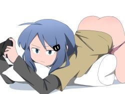 1girls blue_hair bottomless busy casual casual_bottomless casual_exposure casual_nudity exhibitionism exposed exposed_ass exposed_pussy face_down_ass_up female hikaru_shimoto long_sleeves lying lying_on_stomach nude nude_female oc open_mouth panties_down phone pillow pillows shirt simple_background sister undershirt video_games white_background zukafu_shimoto