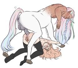 1boy 1girls anal anal_sex animal_genitalia anus ass backsack centaur dark-skinned_male equine_penis heidibiersack horsecock human light-skinned_female male_anus original original_character original_characters penis pink_hair pussy pussy_juice unicorn unicorn_horn unicorn_taur