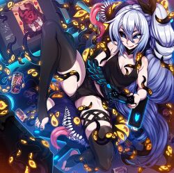 1monster 2d black_eyes black_sclera blue_eyes breasts character_request clothed controller female gaming_chair light-skinned_female light_skin medium_breasts meru_(merunyaa) merunyaa multiple_girls original original_character original_characters pale-skinned_female pale_skin tagme tentacles thighhighs twintails white_hair white_sclera yellow_eyes