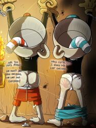 anthro ass bottomwear bottomwear_down bound clothed clothing cuphead cuphead_(game) for_a_head hi_res male mrshotaro mugman object_head pants pants_down partially_clothed spank_marks underwear