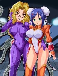 2girls arcana_heart big_breasts black_lipstick blonde_hair blue_eyes blue_hair breasts cleavage dark_background detailed_background female female_only glados glasses hand_on_ear hand_on_hip hi_res huge_breasts human human_version humanized_glados light-skinned_female looking_at_viewer mei-fang open_mouth orange_legwear portal_(series) purple_clothing red_leotard seductive_smile short_hair sigurdhosenfeld solo solo_female tentacles thick_thighs tone_leotard two-tone_leotard white_leotard widescreen yellow_eyes zero_suit