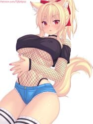 1girls blonde_hair booty_shorts breasts cat_ears cat_tail catgirl female female_only fishnets fully_clothed huge_breasts jean_shorts light-skinned_female light_skin long_hair looking_at_viewer original_character red_eyes revealing_clothes short_shorts shorts tail tiffy tiffynyaa