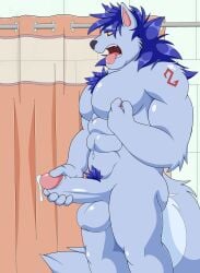 abs absurd_res anthro arm_tattoo aroused aroused_face ass balls bangs bathroom biceps blue_body blue_fur blue_hair bodily_fluids canid canine canis chest_tuft cum cum_drip cum_dripping_from_penis dripping erection fluffy fluffy_tail fur genital_fluids genitals hair hi_res long_hair male mammal masturbation morning_wood muscular muscular_anthro muscular_male muscular_thighs navel nipple_fetish nipple_pinch nipple_play pecs penis pinch pubes red_eyes ruddy_(bushytailhugger) shower shower_curtain solo stripes-the-raccoon tail tattoo tile tongue tongue_out tuft wolf