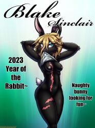 2023 absurd_res anthro black_body black_fur blake_sinclair blonde_hair blue_eyes breasts buckteeth clothed clothing clothing_lift digital_media_(artwork) english_text female fur genitals hair hands_behind_head hi_res if_hell_had_a_taste lagomorph leporid mammal mostly_nude nipples notched_ear pubes pussy rabbit scar shirt shirt_lift solo teeth text topwear viroveteruscy