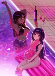 2girls absurd_res alcohol badamon black_hair breasts dark-skinned_female dark_skin genshin_impact highres large_breasts looking_at_viewer navel night one_eye_closed orange_eyes ponytail pool poolside purple_eyes purple_hair small_breasts swimming_pool swimsuit tagme wet xinyan_(genshin_impact) yun_jin_(genshin_impact)