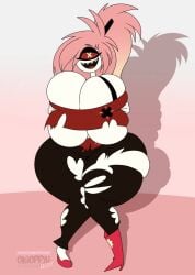 2023 black_legwear breast_focus breast_grab breast_squeeze breast_squish breasts_bigger_than_head breasts_bigger_than_torso breasts_bursting_out cherri_bomb_(hazbin_hotel) cyclops female female_only fully_clothed gigantic_ass gigantic_breasts gloves grin hazbin_hotel hips_wider_than_shoulders huge_ass huge_breasts huge_thighs lidded_eye long_hair looking_at_viewer looking_back messy_hair mismatched_footwear okioppai one_eye pale-skinned_female pale_skin pink_hair ponytail red red_shirt red_skirt ripped_clothing ripped_pants ripped_stockings sharp_teeth skirt spiky_hair stockings tank_top thick_ass thick_thighs vivienne_medrano white_body white_skin wide_hips