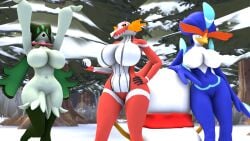 16:9 2022 3d_(artwork) anthro arm_support baek-myo big_breasts blue_body blue_eyes blue_skin breasts digital_media_(artwork) featureless_breasts female generation_9_pokemon genitals green_body green_skin group hand_on_hip happy hi_res huge_breasts leaning_on_elbow looking_at_viewer meowscarada nintendo open_mouth plant pokémon_(species) pokemon pokemon_(species) pokemon_sv pokemorph pussy quaquaval raised_arms red_body red_skin skeledirge snow snowball snowman snowy_tree source_filmmaker tree trio white_body white_skin widescreen yellow_eyes