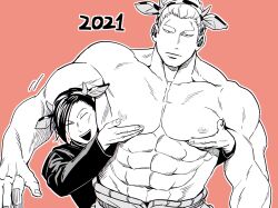 2021 2boys abs bara big_pecs cow_ears cow_horns fake_animal_ears height_difference kengan_(series) kengan_omega liu_dongcheng looking_at_viewer male male_only muscular muscular_male naidan_monkhbat new_year pec_grasp pecs pink_background shibaken size_difference smile spot_color topless topless_male yaoi year_of_the_ox