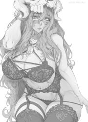 1girls 2d artist_signature big_breasts black_and_white bleach busty child_bearing_hips garter garter_belt garter_straps hand_on_hair kuromoro lace lingerie long_hair looking_at_viewer navel nelliel_tu_odelschwanck nipples_visible_through_clothing panties simple_background sketch thick_thighs thighs wide_hips