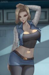 1girls android_18 arm_behind_back arm_behind_head artist_logo bangs belt black_pantyhose black_shirt blonde_hair blue_eyes blue_skirt breasts cleavage cropped_jacket cropped_shirt denim denim_jacket detailed_background dragon_ball dragon_ball_z earrings expressionless female flowerxl jacket jewelry large_breasts light-skinned_female light_skin looking_at_viewer midriff navel pale-skinned_female pale_skin pantyhose parted_bangs shirt short_hair skirt sleeveless sleeveless_jacket widescreen