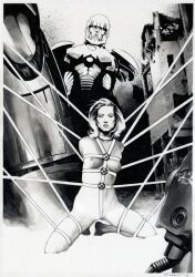 black_and_white bondage bondage_gear bound breasts breasts_out dimitris_koskinas emma_frost marvel marvel_comics monochrome nipples rope_between_breasts rope_in_pussy sentinel topless topless_female white_queen x-men