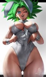 1girls ass_visible_through_thighs big_breasts blue_eyes breasts bunny_ears bunnysuit cameltoe clothing dragon_ball dragon_ball_super ear_piercing earrings elitenappa female female_only female_saiyan fusion green_hair huge_breasts kefla legendary_super_saiyan looking_at_viewer open_mouth piercing potara_earrings saiyan shounen_jump solo super_saiyan super_saiyan_2 thick_thighs tongue tongue_out universe_6/universe_7 universe_6_girls wide_hips wink