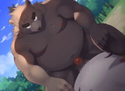 2023 absurd_res agitoryuusaki anthro bear belly big_belly brown_body censored duo genitals hi_res humanoid_hands kemono lying male mammal moobs outside overweight overweight_male penis sitting solo_focus