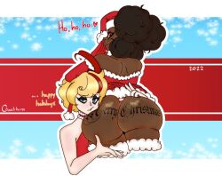 2022 2girls big_ass big_butt black_hair blonde_hair blue_eyes charlihorss christmas christmas_clothing christmas_outfit dark-skinned_female english_text hat heart looking_at_viewer looking_back looking_back_at_viewer multiple_girls panties rear_view red_and_white_panties red_eyes santa_hat smile striped_panties tattoo tattoo_on_butt text thick_thighs