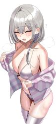 1girls bikini blush breasts closed_eyes embarrassed female grey_hair hanasaka_houcha jacket large_breasts light-skinned_female light_skin long_hair mature_female milf mother side_ponytail sweat thick_thighs uzaki-chan_wa_asobitai! uzaki_tsuki white_hair