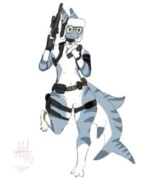 1boy badge bell_collar belt big_legs big_tail big_thighs blue_body clawed_toes collar curves curvy curvy_body curvy_figure curvy_hips denied_meal femboy furry girly glasses gloves gun gun_holster hat nervous no_genitals paws police_badge roblox roblox_avatar shark shark_fin shark_humanoid shark_tail tactical_gear tactical_nudity thick thick_thighs tiger_shark ushanka weapon weapon_holster white_body white_hair yellow_eyes