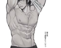 1boy abs airing_out armpits arms_up blush japanese_text kengan_(series) kengan_ashura kyowo_sukkesuke looking_at_viewer male male_only monochrome muscular muscular_male navel pecs shirt_lift shirt_up solo sweat tokita_ohma topless_male undressing