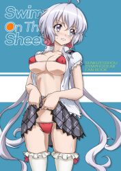 ahoge ass_visible_through_thighs bikini bikini_under_clothes blush breasts cleavage clothes_lift cover cover_page doujin_cover embarrassed english_text female fujikawa_daichi grey_hair large_breasts long_hair looking_to_the_side low_twintails lydian_academy_school_uniform micro_bikini navel parted_lips pink_scrunchie purple_eyes red_bikini school_uniform scrunchie senki_zesshou_symphogear shiny shiny_hair shiny_skin short_sleeves skirt skirt_lift solo swimsuit teeth thighhighs twintails underboob very_long_hair white_thighhighs yukine_chris