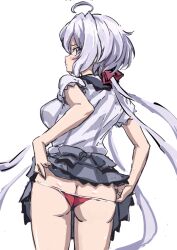 ahoge ass ass_cleavage bikini blush breasts butt_crack clothes_lift female from_behind fujikawa_daichi hair_ornament hair_ribbon large_breasts lifted_by_self long_hair looking_at_viewer looking_back lowleg lowleg_panties purple_eyes red_bikini ribbon school_uniform senki_zesshou_symphogear shiny shiny_hair shiny_skin simple_background skirt skirt_lift solo standing swimsuit thong thong_bikini twintails white_background white_hair yukine_chris