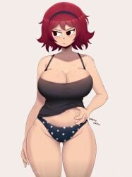 1girls bare_shoulders big_breasts breasts cleavage clothed clothing female female_only itching kim_pine large_breasts navel open_mouth panties polka_dot red_hair scott_pilgrim scratching short_hair simple_background solo solo_female standing tidal_(artist) voluptuous white_background wide_hips