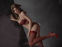 3d aerith_gainsborough bra brown_hair final_fantasy final_fantasy_vii final_fantasy_vii_remake garter_belt green_eyes high_heels large_breasts light-skinned_female lingerie pose red_lingerie red_stockings sky_cat stockings thong