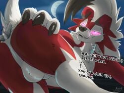 2023 4:3 anal balls dialogue digital_media_(artwork) english_text fur generation_7_pokemon genitals glowing glowing_eyes hi_res looking_at_viewer lycanroc macro magpi male midnight_lycanroc nintendo no_humans outside pokémon_(species) pokemon pokemon_(species) solo text