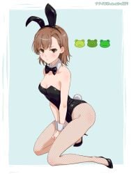 1girls 2020s 2022 :< ass bare_shoulders big_ass blush bow bowtie breasts brown_eyes brown_hair bunny_ears bunny_tail bunnysuit cleavage collarbone female fishnets from_side full_body gekota hair_ornament hi_res high_heels hips kneeling looking_at_viewer matching_hair/eyes misaka_mikoto nanairo227 neck_ribbon ribbon short_hair simple_background small_breasts solo teenage_girl teenager thick_thighs thighs to_aru_kagaku_no_railgun to_aru_majutsu_no_index twitter_username wide_hips young