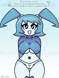 black_eyes blue_hair blush clothed female happy heart jenny_wakeman my_life_as_a_teenage_robot panties robot robot_girl shy_jaz smile text underboob white_panties xj-9