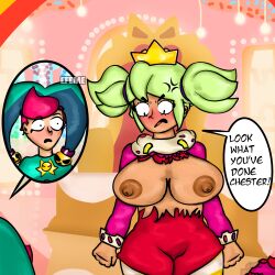 big_breasts blush brawl_stars chester_(brawl_stars) female green_hair mandy_(brawl_stars) red_hair