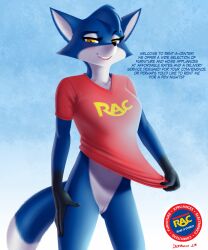 anthro blue_body blue_fur bottomless canid canine cheek_tuft clothed clothed_female clothing devo87 dialogue dipstick_tail eyelashes facial_tuft female fox fur furry_female hi_res looking_at_viewer mammal markings mascot no_panties partially_clothed seductive shirt smile solo solo_anthro solo_female speech_bubble standing t-shirt tail tail_markings topwear tuft white_body white_fur yellow_eyes