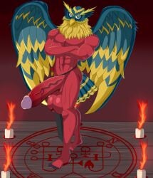 2021 andras anthro ars_goetia atlus avian beak big_penis biped bird demon feathered_wings feathers genitals hi_res huge_cock hyper hyper_genitalia hyper_penis male megami_tensei owl penis red_body rougetenjoname solo standing wings