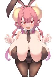 1girls blush bunny_ears bunny_girl bunnysuit eye_contact female female_only horns huge_breasts ilulu_(dragon_maid) karatakewari leotard looking_at_viewer miss_kobayashi's_dragon_maid pantyhose pointy_ears red_eyes red_hair sharp_teeth shortstack smaller_female solo twintails