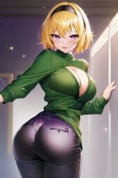 07th_expansion 2023 ai_generated backview big_ass big_breasts blonde_hair curvy_figure female_focus female_only higurashi_no_naku_koro_ni houjou_satoko looking_at_viewer stable_diffusion voluptuous_female