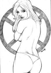 ass black_and_white dat_ass emma_frost looking_at_viewer looking_back marvel marvel_comics pinup rivald thong thong_panties topless topless_female white_queen x-men