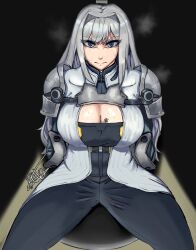 1girls armor artist_name black_background blue_eyes boob_window breasts closed_mouth color ethel_(xenoblade) huge_breasts large_breasts long_hair mobi_mobi mobubeinglewd silver_hair sitting steam sweat tattoo tied_up white_hair xenoblade_(series) xenoblade_chronicles_3