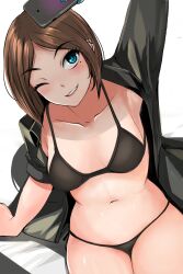 1girls blue_eyes bra breasts brown_hair cellphone female holding_phone looking_at_viewer medium_hair mole_under_eye nonoririn one_eye_closed panties samsung samsung_sam small_breasts smile solo solo_female thick_thighs thighs wide_hips wink