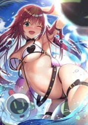 2023 bikini green_eyes guilty_gear guilty_gear_strive jack-o'_valentine migumigu multicolored_hair red_hair solo_female swimsuit white_hair