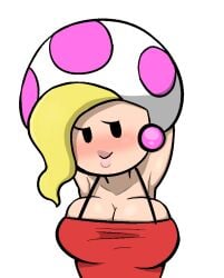 1girls armpits arms_behind_head arms_up artist_request bare_shoulders big_breasts black_eyes blush breasts cleavage clothed clothing earrings female female_only half-closed_eyes hands_behind_head jolene_(paper_mario) light-skinned_female light_skin lips looking_at_viewer mario_(series) mob_face mushroom mushroom_humanoid nintendo no_nose pale-skinned_female pale_skin paper_mario red_topwear solo topwear white_background