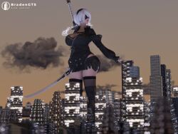 1girls 3d ass big_ass big_breasts blindfold bradengts breasts city clothing female female_only giantess hairband light-skinned_female light_skin macro nier nier:_automata nier_reincarnation short_hair solo solo_female standing sword thighhighs white_hair yorha_2b