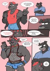 2022 2boys age_difference anthro armpit_hair biceps blep body_hair bottomwear bulge canine cellphone clothed clothing collar comic cross-popping_vein cutoffs daddy_kink daisy_dukes denim denim_clothing digital_media_(artwork) domestic_dog duo ear_piercing ear_ring english_text facial_hair fishnet fishnet_clothing fishnet_topwear fully_clothed gay grey_fur hat headgear headwear hi_res hickeybickeyboo hotpants hypnosis hypnovember i_love_you jacket male male/male male_nipples male_only mammal masculine mature_male mind_control muscles muscular_anthro muscular_male mustache older_anthro older_male pants pecs phone piercing profanity ring_piercing shirt shorts skimpy slutshaming smartphone stepfather stepson talking_to_another talking_to_partner text thong thong_above_shorts thong_straps tongue tongue_out topwear trigger_word underwear younger_anthro younger_male