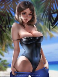 1girls big_breasts black_swimsuit blue_eyes blurry_background bob_cut breasts brown_hair busty cleavage emerald_weapon_(artist) female female_only freckles inviting leotard light-skinned_female navel one-piece_swimsuit outdoors plant puffy_lips pulled_down_top pulling_down_pants revealing_clothes samsung samsung_sam seductive short_hair solo solo_female swimsuit swimwear thick_lips tight_clothing tree voluptuous